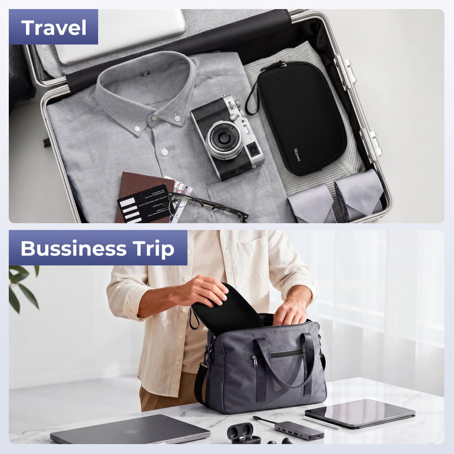 Skycase Travel Cable Organizer - Lightweight Water Resistant Dual-Layer Tech Pouch with Wrist Strap 10 Compartments Electronic Organizer Travel Case for Charger Cord Hard Drive,Medium,Black