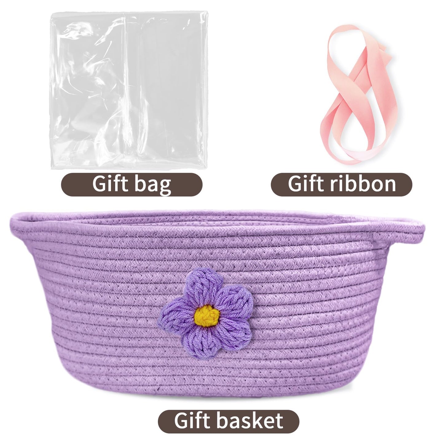 Esme L&H Gift Basket Empty with Bag & Ribbon, Large Capacity Gift Basket,-12"x9"x6", Gift Boo Baskets Empty, Versatile Cotton Rope Storage for Small Items, Baby, Pet Toy(Purple)