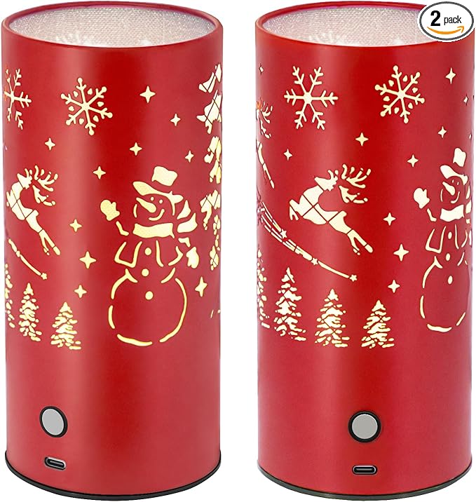 Christmas Table Lamp with Hollow-Out Design - Rechargeable Touch Control Dual Color LED, Warm/Cool White Metal Decor for Home Desk Party, 1200mAh Battery - 2pack(Red)