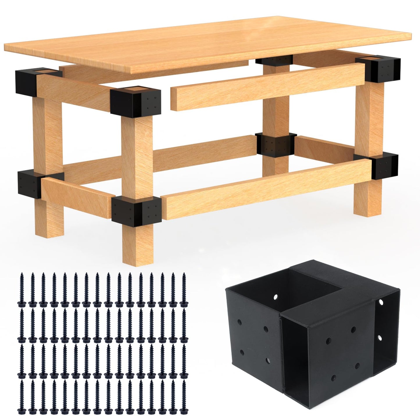 Heavy Duty Workbench Bracket Kit – Set of 4 Steel 3-Way Brackets for 4x4 and 2x4 Lumber, Ideal for DIY Garage Work Bench Legs, Woodworking Tables, Workshop Shelves, Planer Stands, and Kitchen Islands