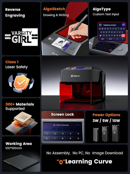 AlgoLaser 5W Smart Laser Engraver Machine: Portable Laser Engraver with 3.5" Touchscreen & 2.0 AlgoOS System - Hand Draw/Wireless Transmission/SD Card/Offline - Laser Engraving for Wood, Leather