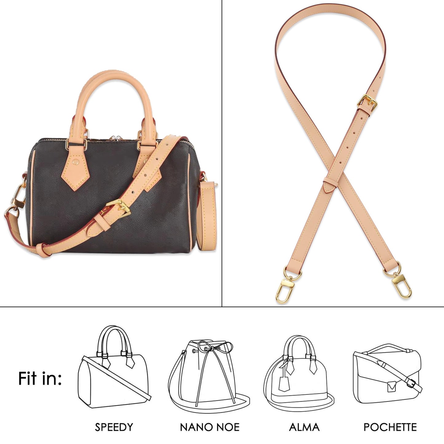 BMBMLV Vachetta Leather Strap Adjustable Crossbody Strap for Small Bags Pochette Mini NM Eva Favorite PM MM Nano Speedy (Beige)