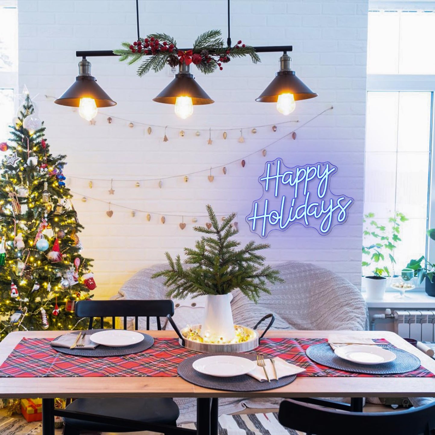 LULANMP Happy Holidays Neon Sign for Wall Decor Dimmable Holiday Neon Lights Blue Christmas LED Sign for New Year Party Home Bar Living Room Offic Decor(16.5''*12.5'')