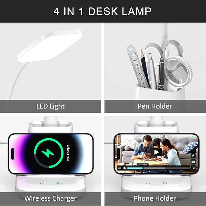 LED Desk Lamp with Wireless Charger for Home Office, Small with Pen Holder, 800LM,3 Color Modes,Gooseneck, Eye-Caring White Desk Lamps for Home College Dorm Room