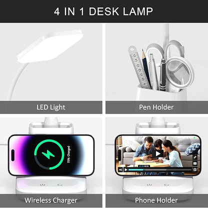 LED Desk Lamp with Wireless Charger for Home Office, Small with Pen Holder, 800LM,3 Color Modes,Gooseneck, Eye-Caring White Desk Lamps for Home College Dorm Room