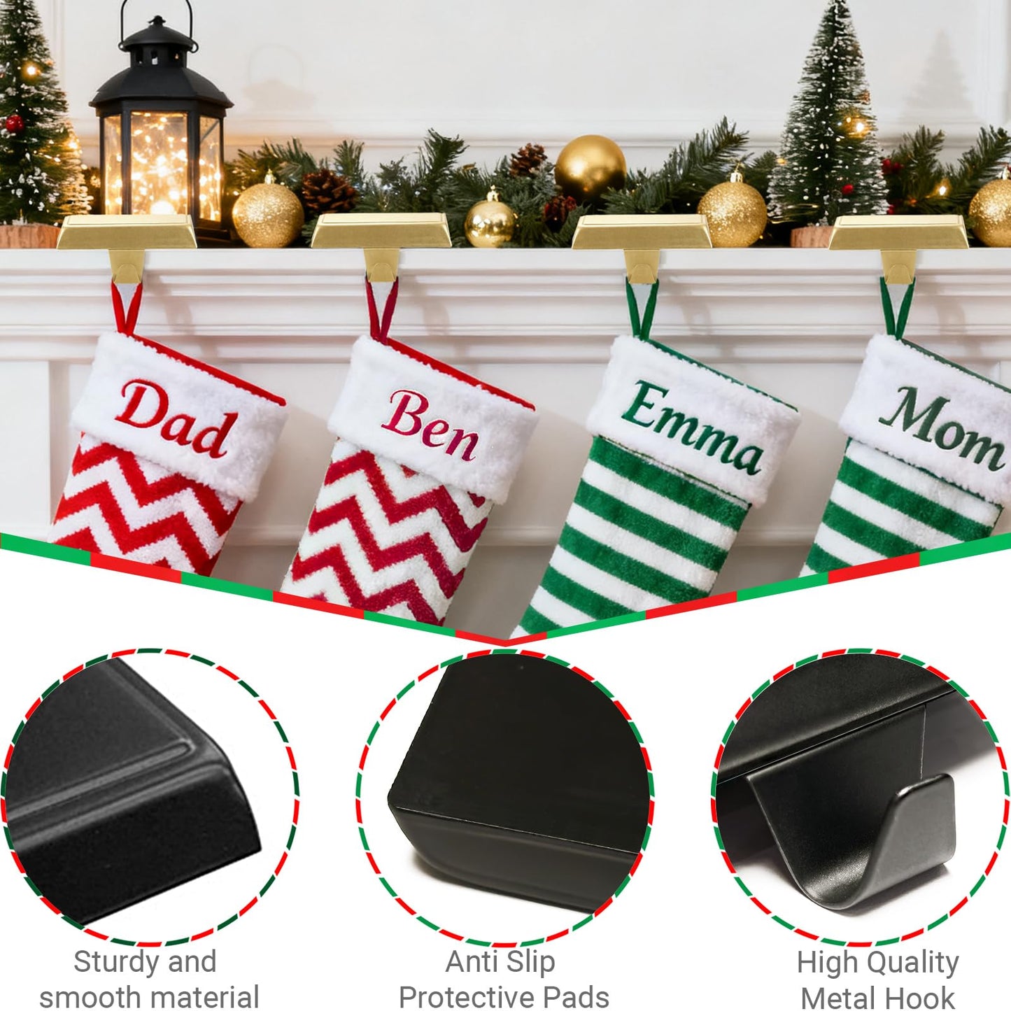 Komotu 4 Pcs Metal Christmas Stocking Holders for Mantle - Weighted Heavy Duty Stocking Hangers Hooks for Fireplace Table Window Xmas Holiday Decor (Gold)