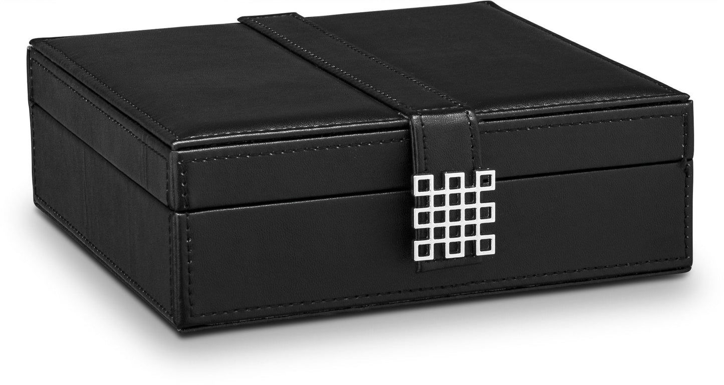 Glenor Co Ring Box Organizer - 54 Slot Classic Jewelry Display Case Holder - Storage Tray with Modern Buckle Closure, Large Mirror - for Rings and Cufflinks - Small for Travel - PU leather - Black