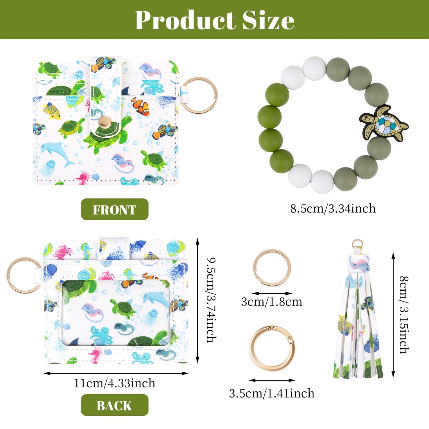 elephtree Wristlet Wallet Keychain,Beaded Silicone Bracelet PU Leather Card Holder Tassel Key Ring Bangle for Women Girls(Turtle)