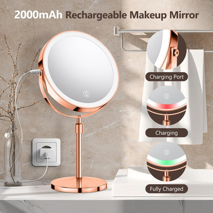 Lighted Makeup Mirror, Rechargeable Height Adjustable Double Sided, 1x/10x Magnifying with 3 Color, Brightness Adjustable, 360° Rotation Vanity, Gift for Women