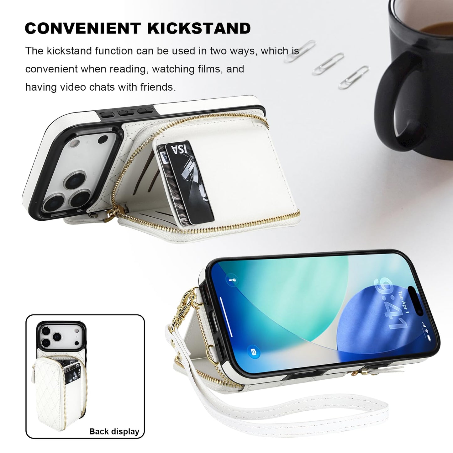 Bocasal Crossbody Wallet Case for iPhone 17 Pro Max, RFID Blocking PU Leather Zipper Handbag Purse Flip Cover, Kickstand Folio Case with Card Slots Holder Wrist Strap Lanyard 5G 6.9 Inch (White)