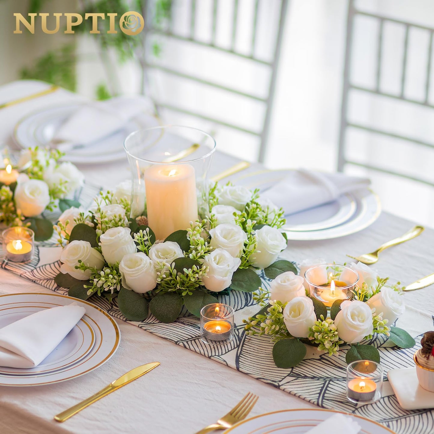 NUPTIO Flower Wedding Centerpieces for Tables - 10 Pcs 14 inch Diam Large White Artificial Flowers Fake Roses Candle Rings Wreaths Spring Summer Wreath for Front Door Weddings Party Ceremony Decor