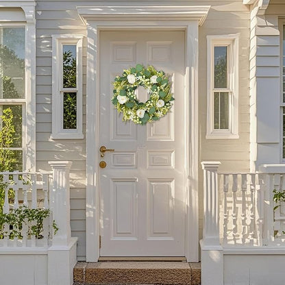 Spring Summer Wreaths for Front Door Artificial Rose Eucalyptus Berries Green Wreath Spring Summer Door Wreath for Farmhouse Wedding Festival Party Indoor Outdoor All Season Home Decor