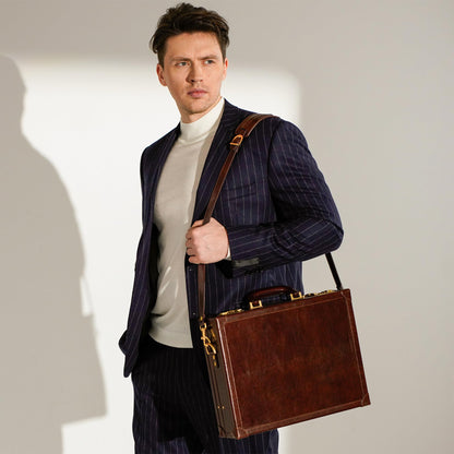 Time Resistance Leather Attache Case - Full Grain Italian Leather Briefcase - Laptop Bag up to 15” - Hard Case with Lock (Brown)
