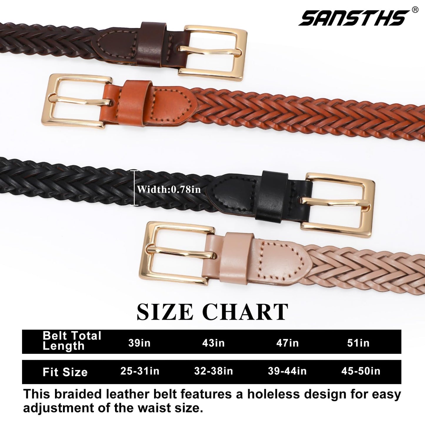 SANSTHS 2 Pack Women's Braided Skinny Leather Belts Casual Thin Woven Belt for Jeans Pants Dresses, Black+Brown S