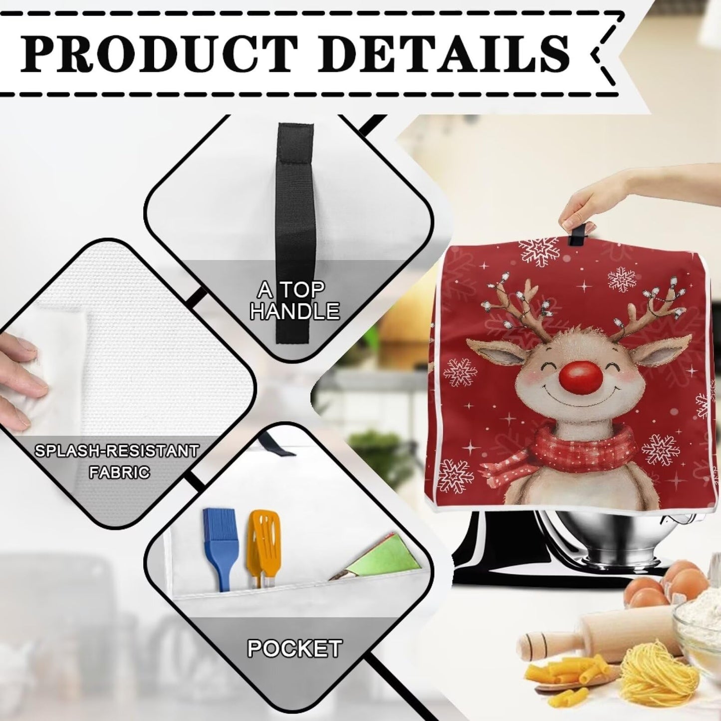 HUISEFOR Christmas Reindeer Stand Mixer Cover 4.5-5 Quart Kitchen Mixer Cover Washable Food Processor Protective Covers Dust Protection Insulated Kitchen Appliance Cover Xmas Decor