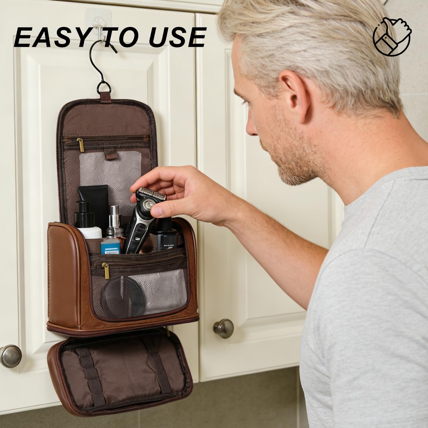 hanvate Travel Toiletry Bag For Men and Women, Leather Hanging Toiletry Organizer, Waterproof with Separate Compartments, Travel Kit for Gym Camping and Mens Gift (Dark Brown)
