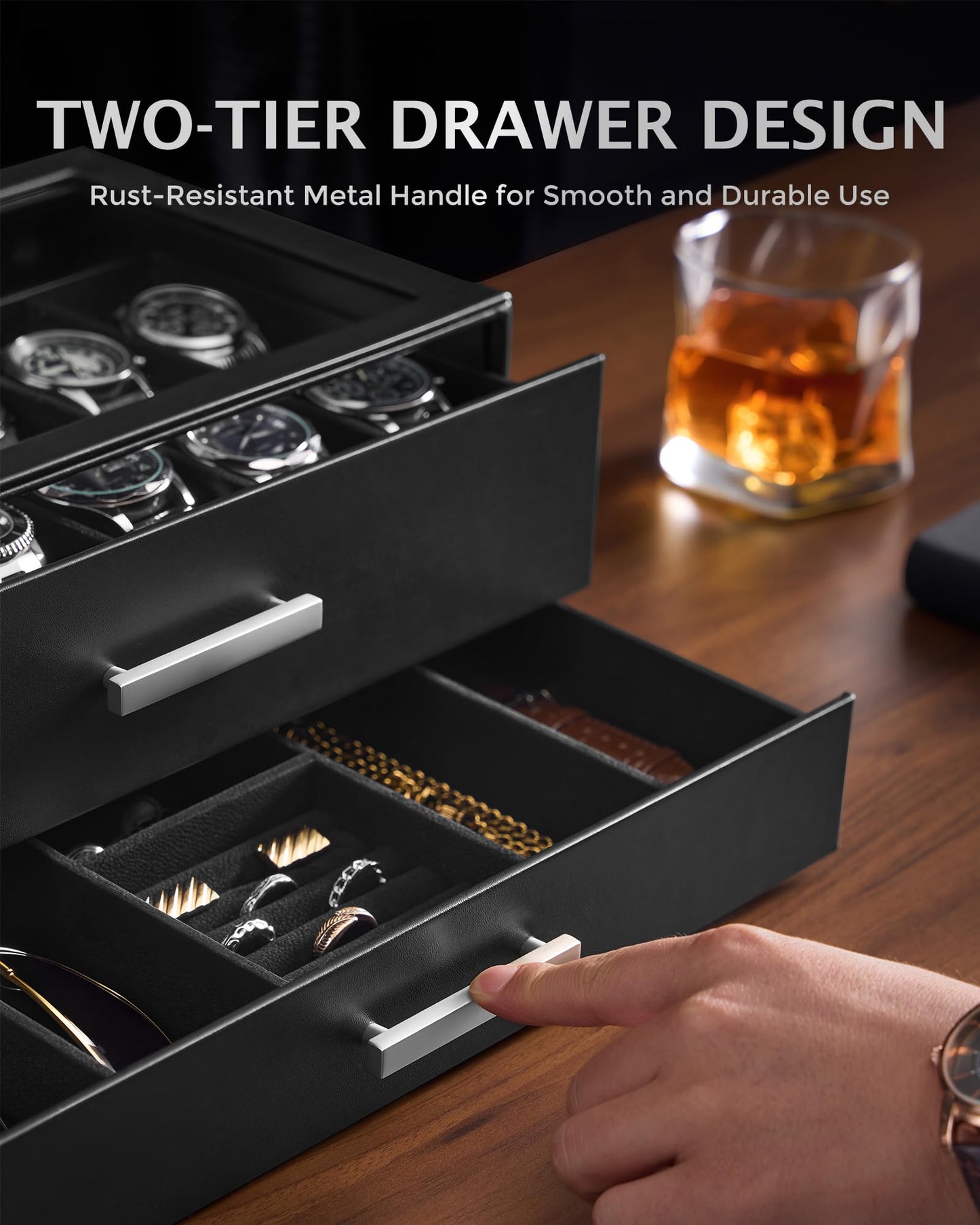 ProCase Black 12 Slot Watch Box and Black 2-Slot Watch Travel Case Bundle, 2-Tier Pull-Out Drawer Organizer, Clear Top Display Lid, Jewelry and Sunglasses Storage, Portable PU Leather Watch Holder