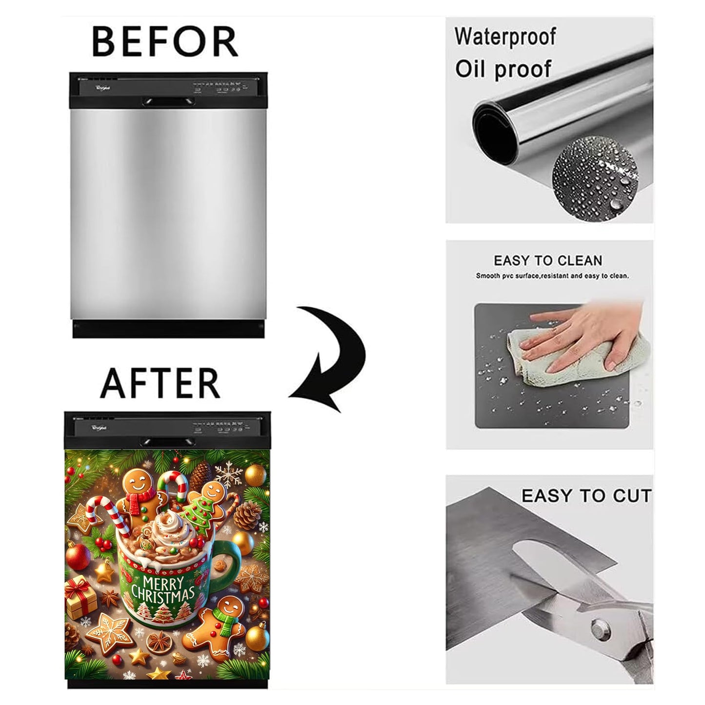 BVBOX Christmas Dishwasher Magnet Cover 23"x26", Reusable Magnetic Refrigerator Covers, Dishwasher Magnets Decorative Cover Fridge Door Skin Panel Stickers (Gingerbread Man Cocoa)