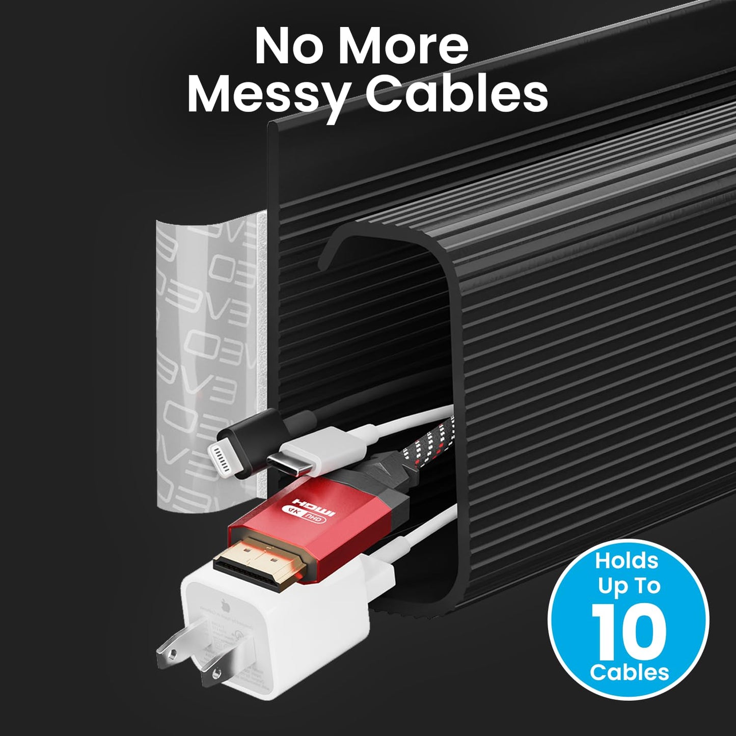 EVEO Cable Management Under Desk Kit (6 Units) - Under Desk Cable Management Cord Hider, Cable Hider Cord Management, Cable Organizer, Cable Raceway | Self-Adhesive 96'' J Channel 6X16 - Black