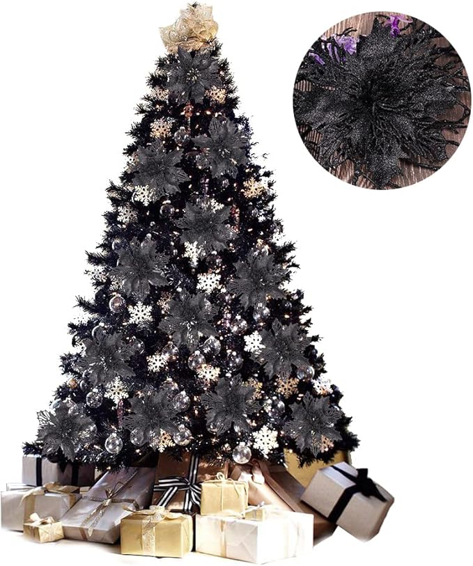 RECUTMS 10 Packs Christmas Glitter Poinsettia Flowers Artificial Christmas Flowers Decorations Wedding Xmas Tree New Year Ornaments Xmas Garland Wreath DIY Decorations Supplies(Black)