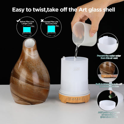 Essential Oil Diffuser Hand Blown Glass Aromatherapy Diffuser - Ultrasonic Cool Mist Scent Aroma Diffuser, Whisper Quiet with Auto Shut-Off, Timer Setting &7 Colors Night Light for Home