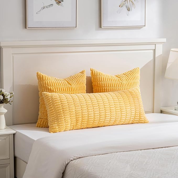 Fancy Homi 1 Pack Yellow Spring Long Lumbar Body Decorative Throw Pillow Covers 14x36 Inch for Bed Couch Bedroom Bench, Soft Corduroy Rectangle Solid Pillow Case 35x91 cm, Rustic Farmhouse Boho Decor