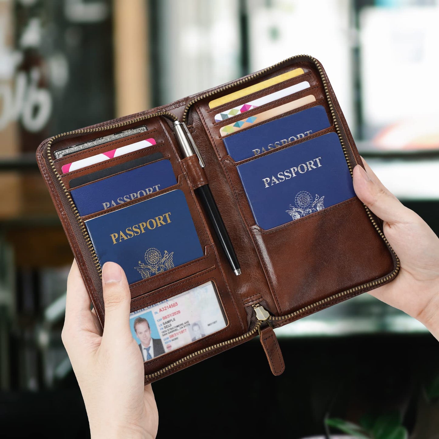 Polare Full Grain Leather Passport Holder Cover Case for Men RFID Blocking Travel Wallet Holds 4 Passports (Coffee)