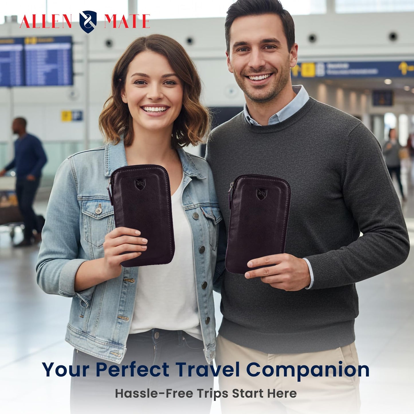 ALLEN & MATE Genuine Leather iPhone Pouch with Zip – Slim Mobile Phone Sleeve Cell Phone Pouch for iPhone 17 Pro Max, 16, 15, Google Pixel 10, Samsung Galaxy S25 & Android Smartphones Brown