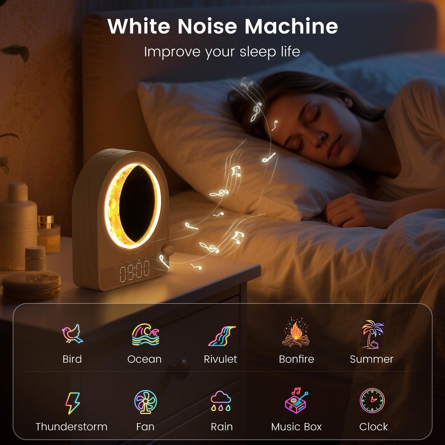 Epochleno Sunrise Alarm Clock, White Noise Machine & Meteor Moonlight - 10 Soothing Sounds, Dual Alarms, 30/60/90min Timer, Easy Snooze - Bedroom Gift for Insomnia Adults/Women - Wood Grain