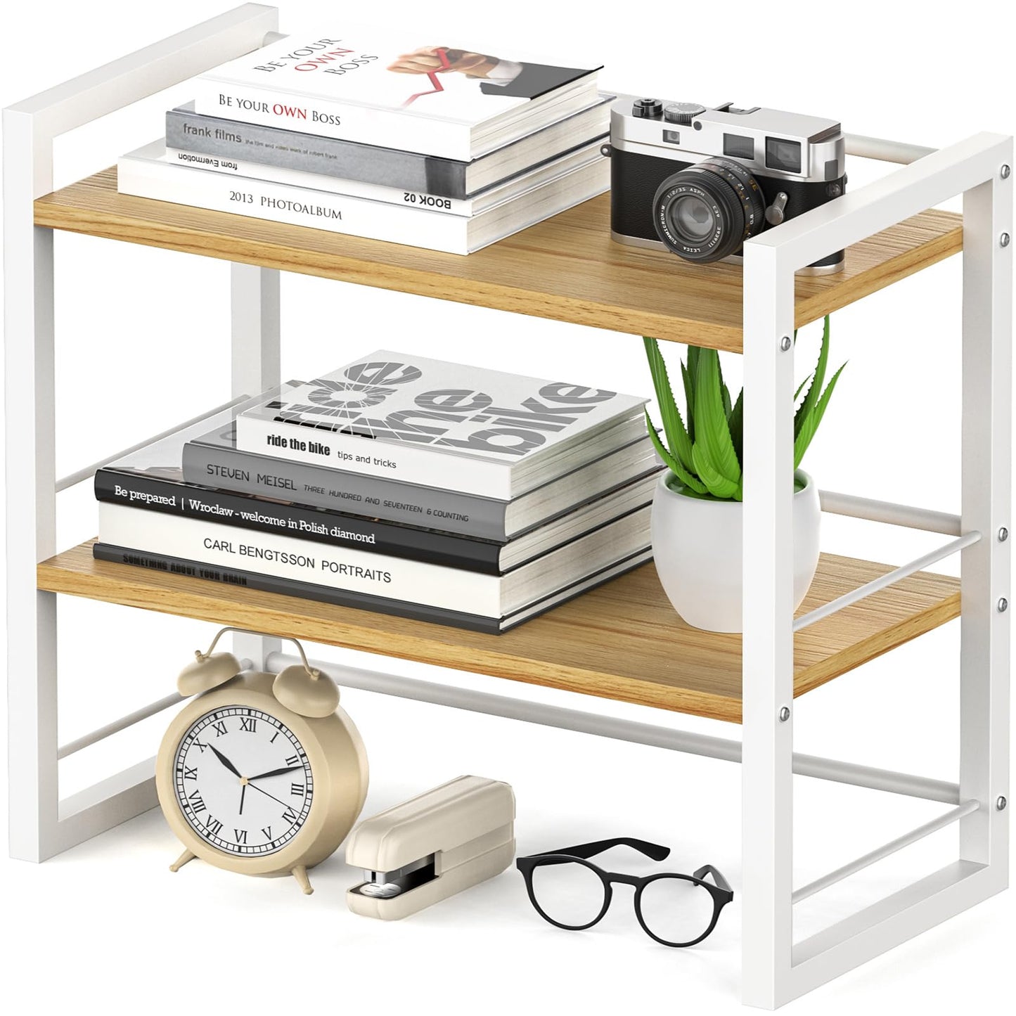 ART-GIFTREE Office Desk Shelf Organizer, Wood Desktop Bookshelf Supplies Storage Rack, Shelf for Top of Desk and Dresser (White-2 Tier)