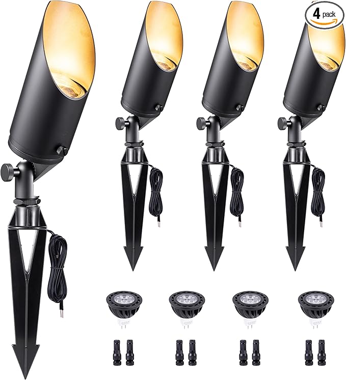 Gardenreet Brass Landscape Lighting - Black Low Voltage Outdoor Spotlights, Wired LED Uplights 12V, Waterproof Spot Lights for Outside Trees with 5W 4000K Natural White MR16 Bulb (4 Pack)