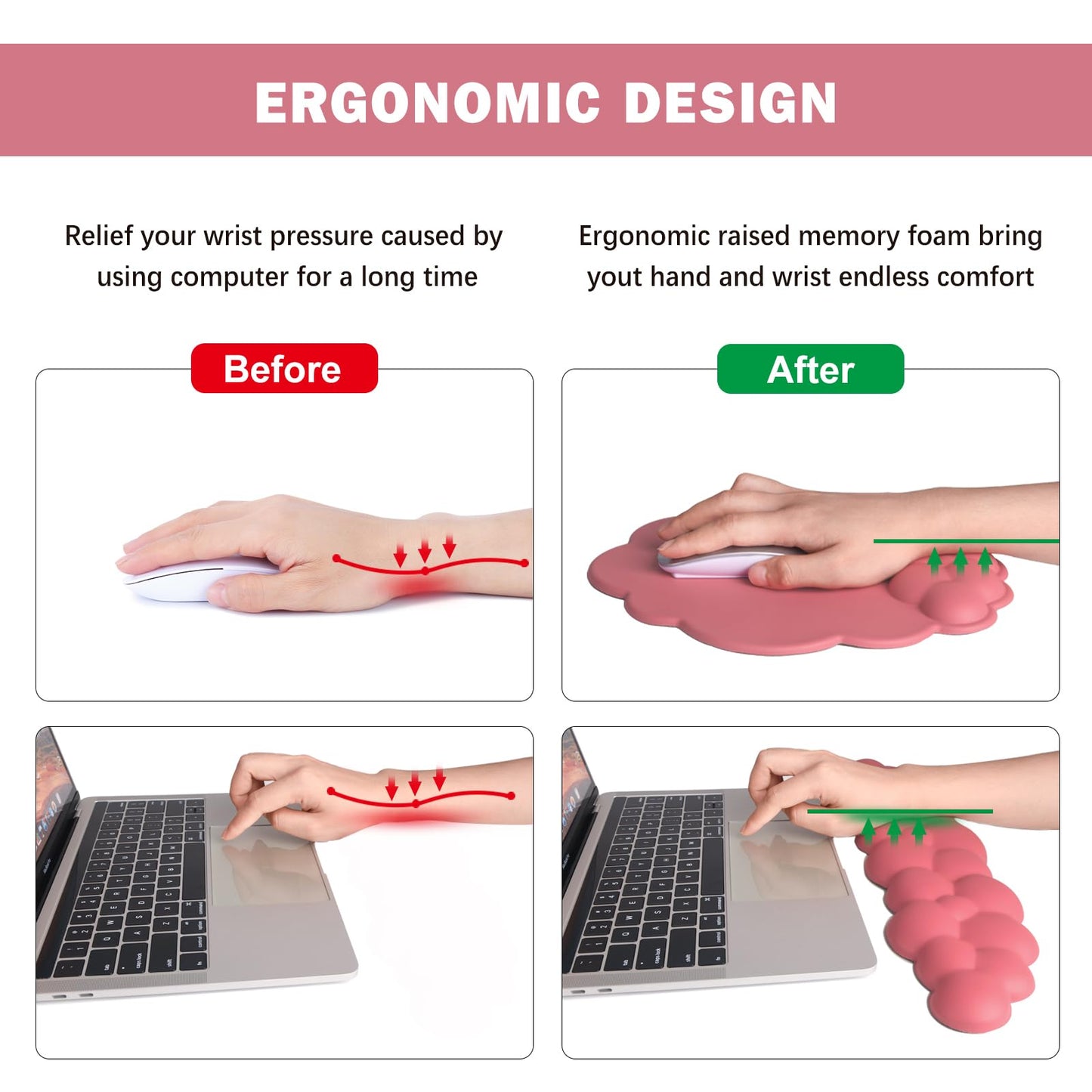 Lauspuck Cloud Keyboard Wrist Rest and Mouse Pad with Wrist Support Set, Ergonomic PU Leather Mouse Pads, Pain Relief Memory Foam Non-Slip for Computer,Laptop, Morandi Red