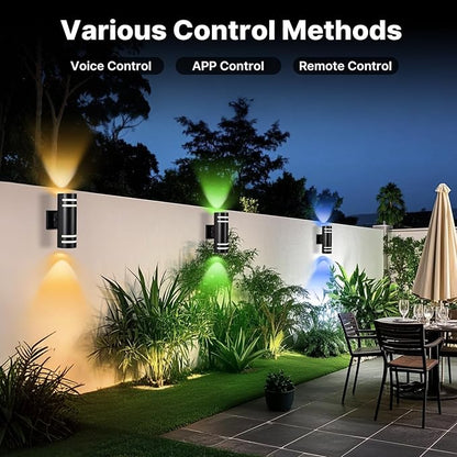 RGB Up and Down Lights Outdoor Wall Lights 4 Packs, Smart Color Changing Outdoor Wall Sconce WiFi Voice & App Control,Aluminum Waterproof Exterior Lights for Porch Compatible with Alexa