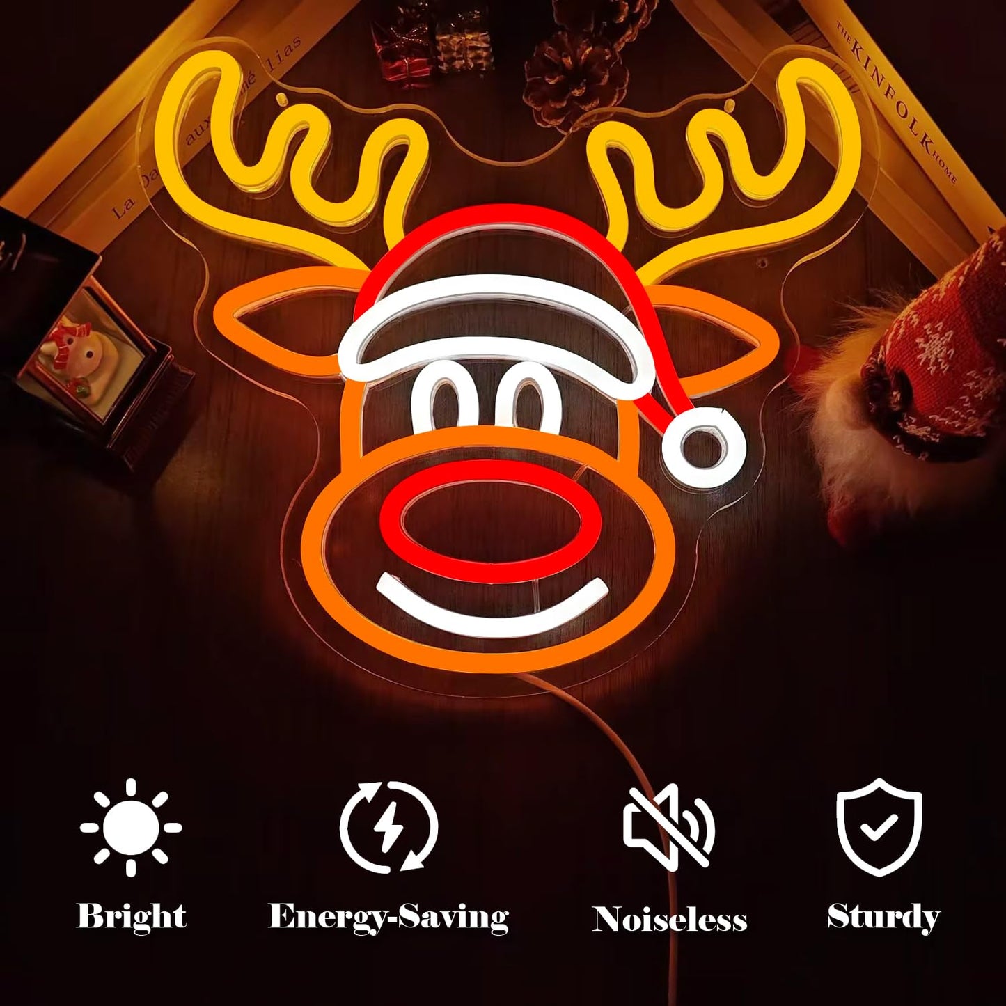 Vveikea Christmas Neon Sign Elk Neon Lights Christmas Deer Led Sign Dimmable Reindeer Neon Window Lights Xmas Light Up Sign for Wall Decor