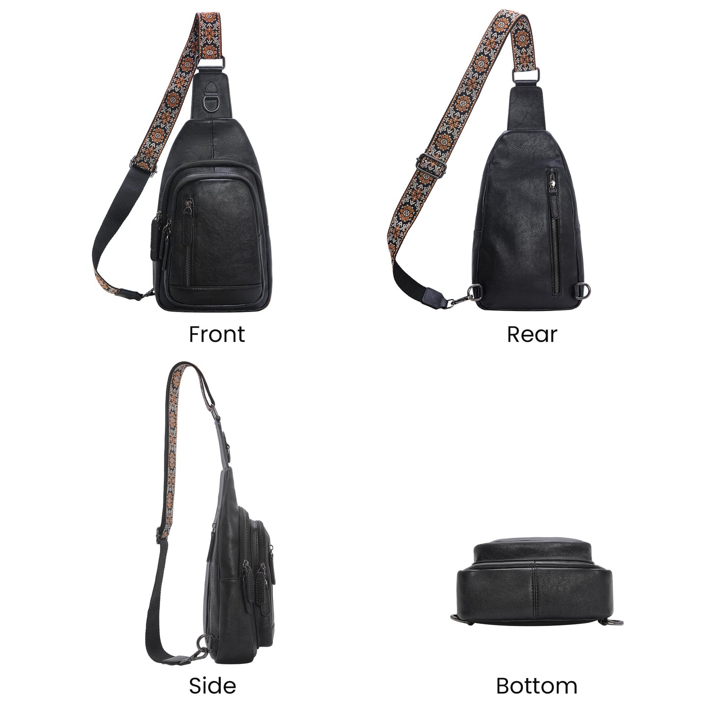 HESHE Leather Sling Bag for Women Crossbody Bags with Multi-Pocket Stylish Fanny Packs for Travel Chest Bag (Black)