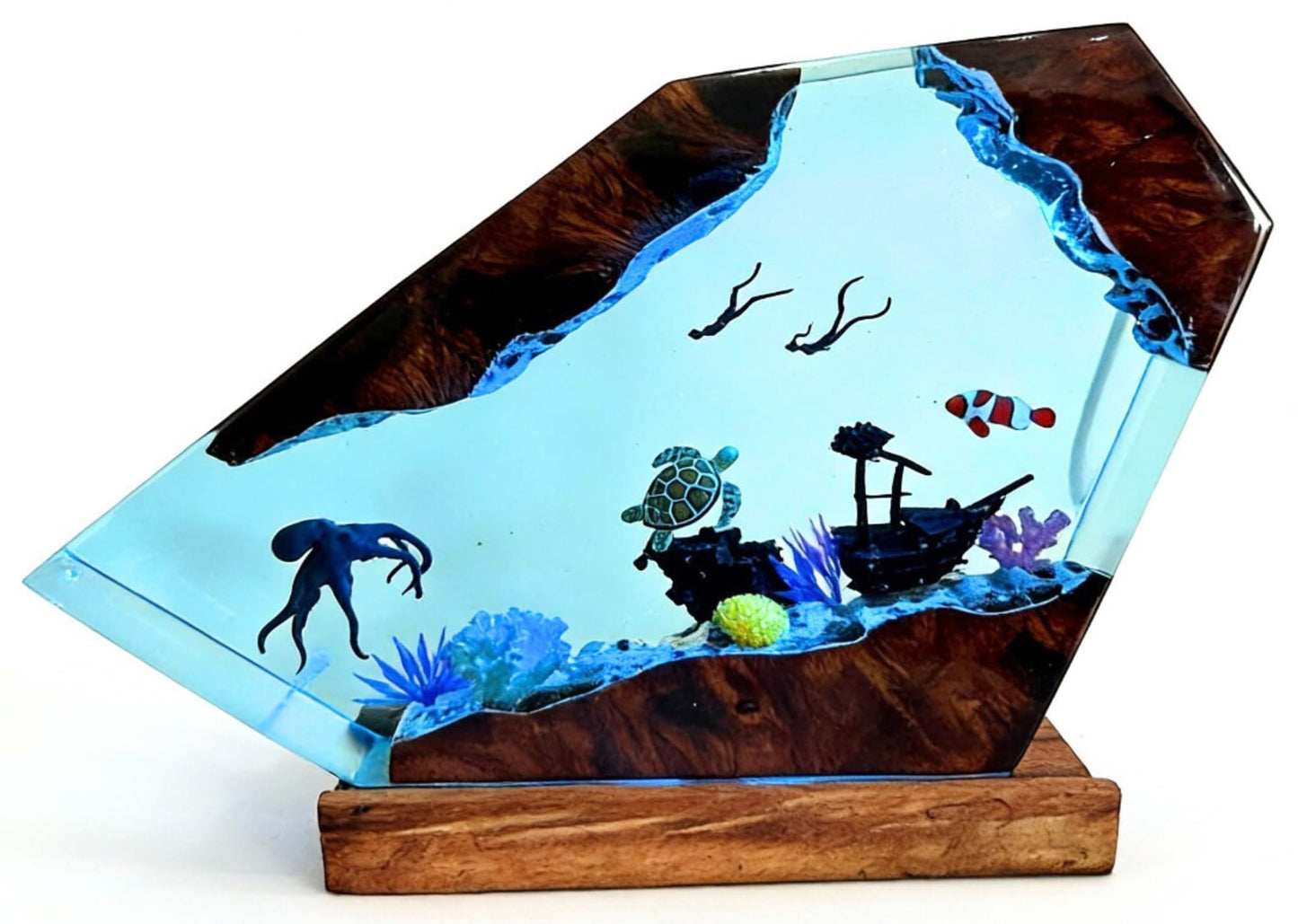 Ocean Resin Lamp – Marine Life Night Light with 16 Color LED, USB Powered Whale Shark & Turtle Desk Lamp with Wooden Base & Remote,Handmade Gift for Christmas, New Year