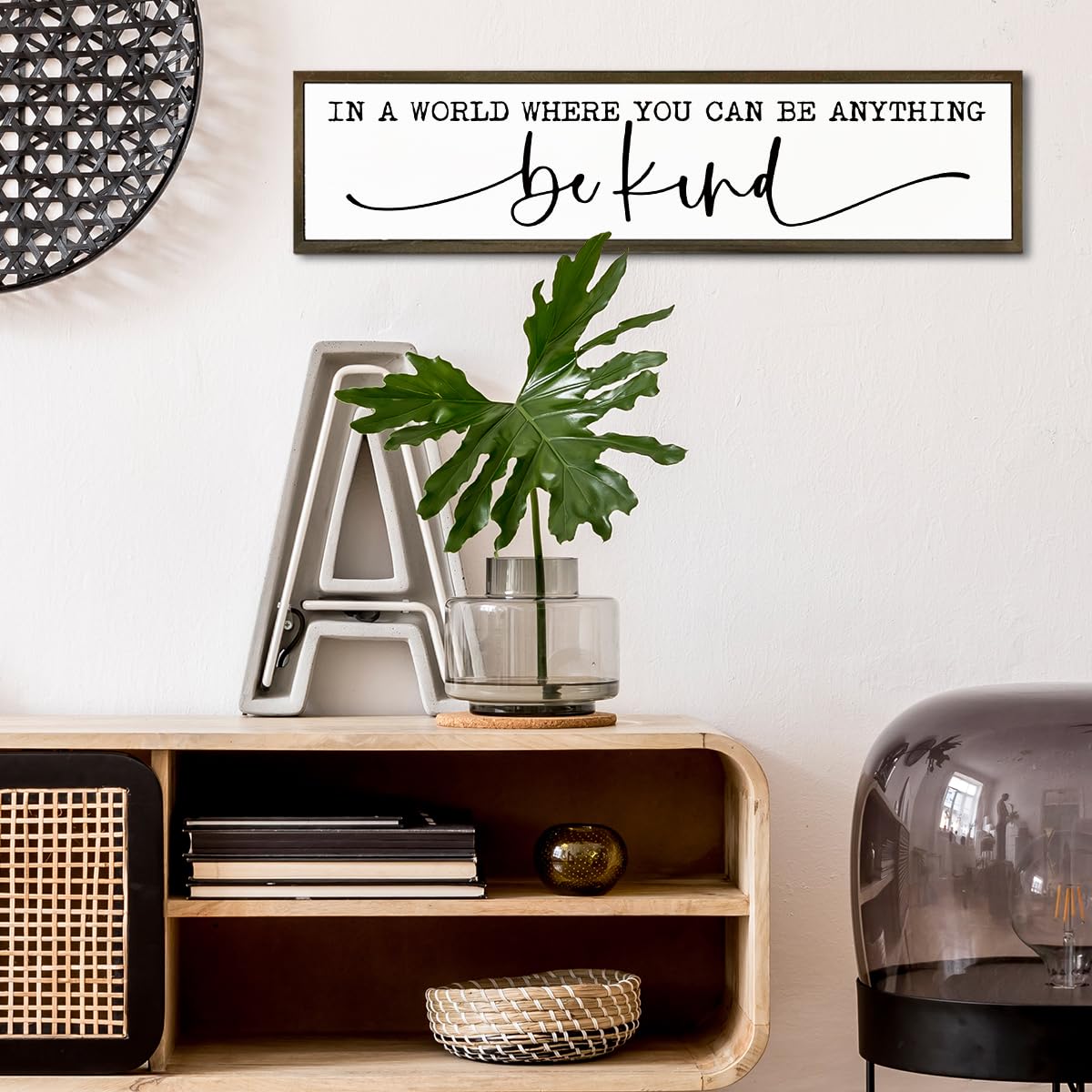 Inspirational Wood Sign, Wall Decor Art, Farmhouse Home Office Cubicle Decor, Bedroom Decoration for Women Girls Teens, In A World Where You Can Be Anything Be Kind Sign 17.8x4x1.2 inches