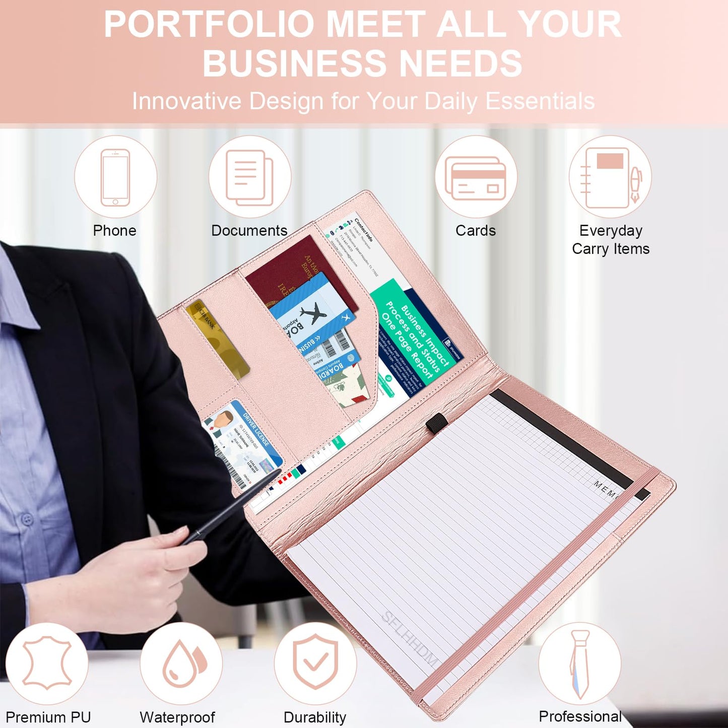 Clipboard Padfolio with Storage Pocket, Clipboard Folder Portfolio Organizer, 360 Degree Foldable Clipboards with Refillable Notepad,Faux Leather Padfolio Organizer for Office School Supplies-Pink