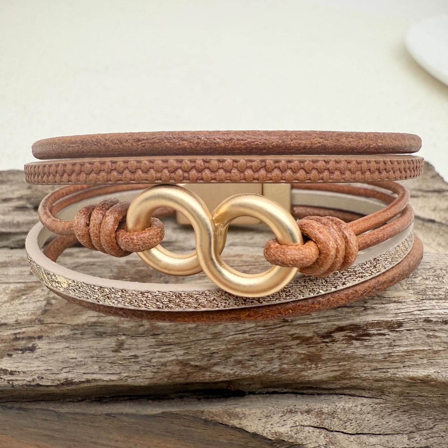 YYWANGART Infinity Leather Bracelet Bangle Multi-layer Brown Leather Wrap Bracelet Gold Infinity Symbol Bracelet for Women Christmas Gift