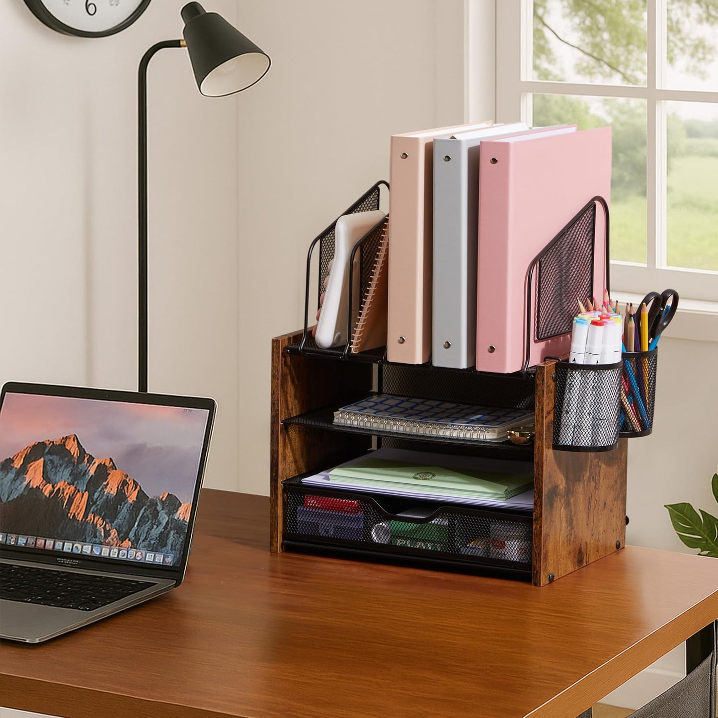 Beramon 4-Tier Desk Organizer with Drawer, Wooden Mesh File Organizer with 5 Vertical Sorters & 2 Pen Holders, Multi-Functional Desktop Organizer for Home, Office & School