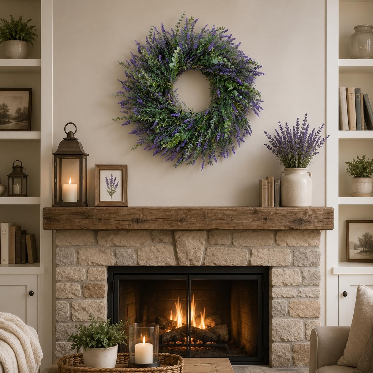 24'' Lavender & Eucalyptus Wreath for Front Door, Window - Artificial Eucalyptus Leaves Greenery Outdoor Wreath for Wedding Farmhouse Porch Wall Room Home Decor