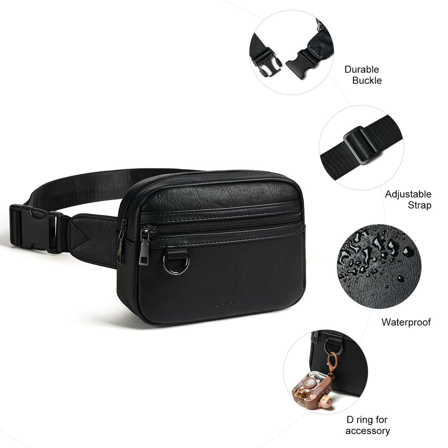 Leresas 2L Fanny Packs for Women Men Corss Body Belt Bag Waist Pack Vegan Leather Trendy Travel Cycling Waterproof Black