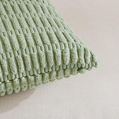 Fancy Homi Sage Green Lumbar Decorative Throw Pillow Covers 12x24 Inch for Living Room Couch Bed Sofa, Rustic Farmhouse Boho Home Decor, Soft Striped Corduroy Rectangle Cushion Case 30x60 cm