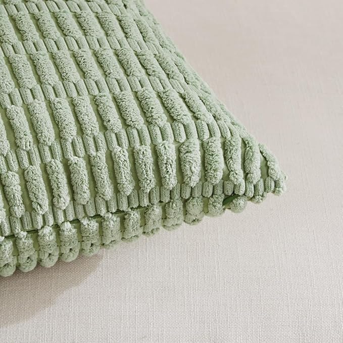 Fancy Homi Sage Green Decorative Throw Pillow Covers 20x20 Inch for Living Room Couch Bed Sofa, Soft Striped Corduroy Square Cushion Case 50x50 cm, Rustic Farmhouse Boho Home Decor