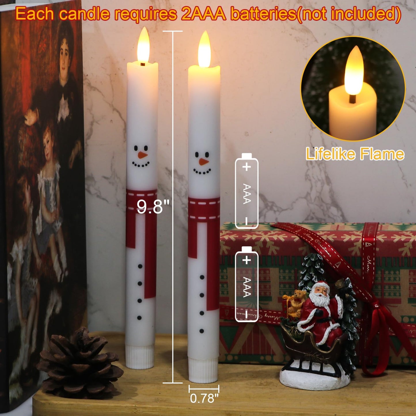 Lasumora Christmas Flameless Taper Candles with Remote Timer, 6 Pack LED Flickering Candlestick, Battery Operated Real Wax Candles with Santa Claus, Snowman and Christmas Tree Prints for Home Décor
