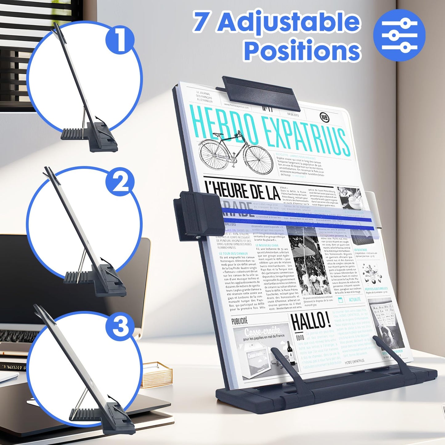 Resulzon Paper Stand Document Holder with 7 Adjustable Positions, Paper Holder Stand for Desk When Typing for Reading A4 Letter, Books, Receipts, Sheet Music, Textbooks