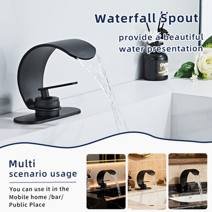 Ameletai Black Waterfall Single Hole Bathroom Sink Faucet, 304 Stainless Steel Single Handle Modern Bathroom Faucet, Snake Shape Design Basin Tap, Single Handle Basin Tap with Pop Up Drian Supply Line