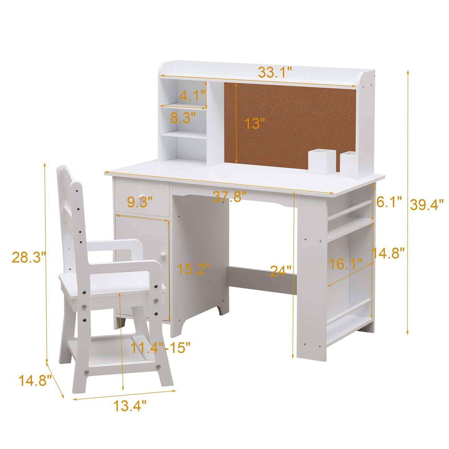 Garvee Kids Desk, Study Desk and Chair Set for Boys and Girl, Wooden Kids Writing Table with Bookshelf, Bulletin Board, Cabinet and Drawer for Ages 3-8, White