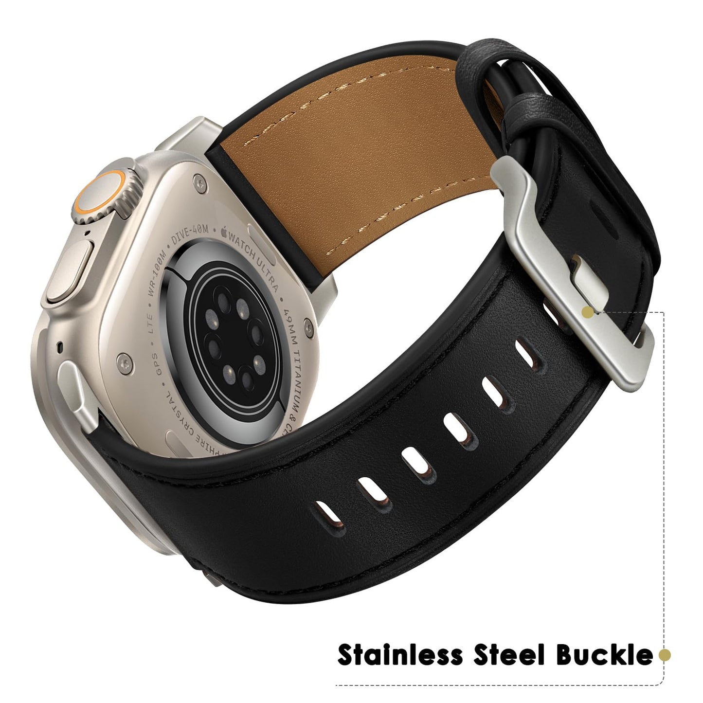 UUPWPOKT Leather Band Compatible with Apple Watch Ultra 3/2/1 Band 49mm 46mm 45mm 44mm 42mm Men, Genuine Leather Strap for iWatch Ultra Series 11 10 9 8 7 6 5 4 3 2 1 SE 3/2/1, Black/Titanium
