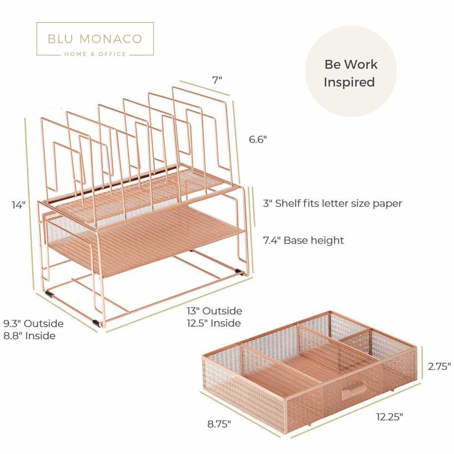 BLU MONACO | Rose Gold Desk Organizer with Drawer | Metal Desk Organizer with File Sorters and Storage Compartments | Office Desk Organizer for Paper Folders and Supplies